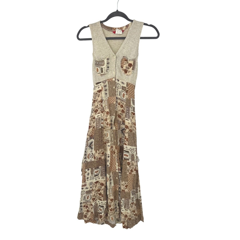 Vintage Esprit Small Brown Patchwork Maxi Dress Boho Cottagecore Prairie Earthy